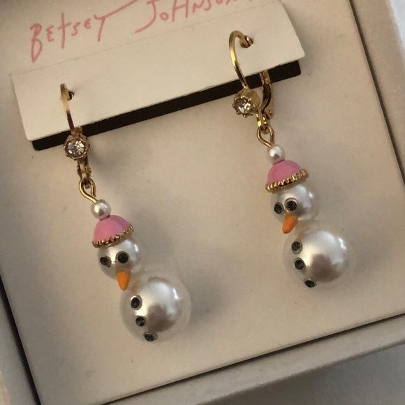 Betsey Johnson Gold Tone White Faux Pearl Snowman Drop Earrings Crystal NIB - Picture 8 of 12